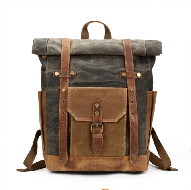 Fit 15inch Laptop Waxed Canvas Leather Hiking Travel Waterproof Backpack