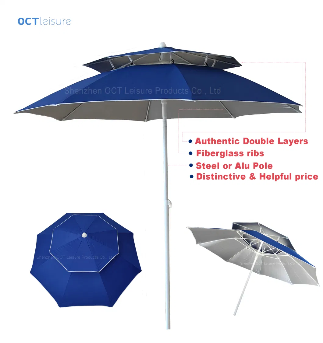 Luxurious Double Layers Beach Sun Umbrella Parasol with Fiberglass Ribs (OCT-BUDLUX)