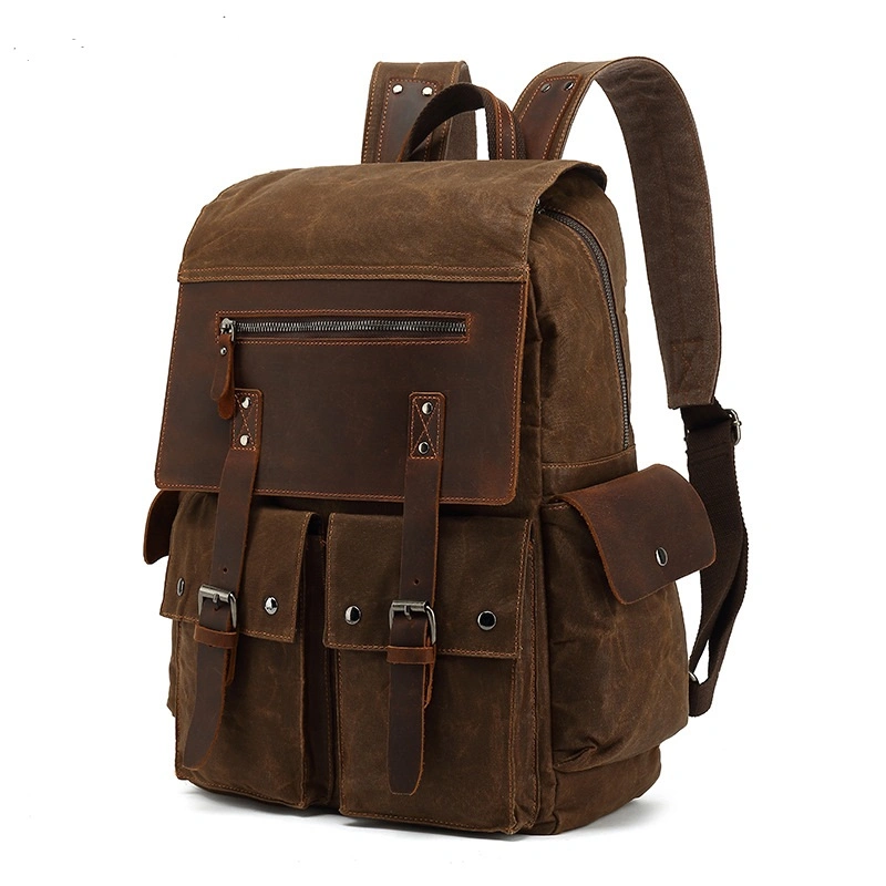 Multi Pockets Waxed Canvas and Genuine Leather Backpack for Men