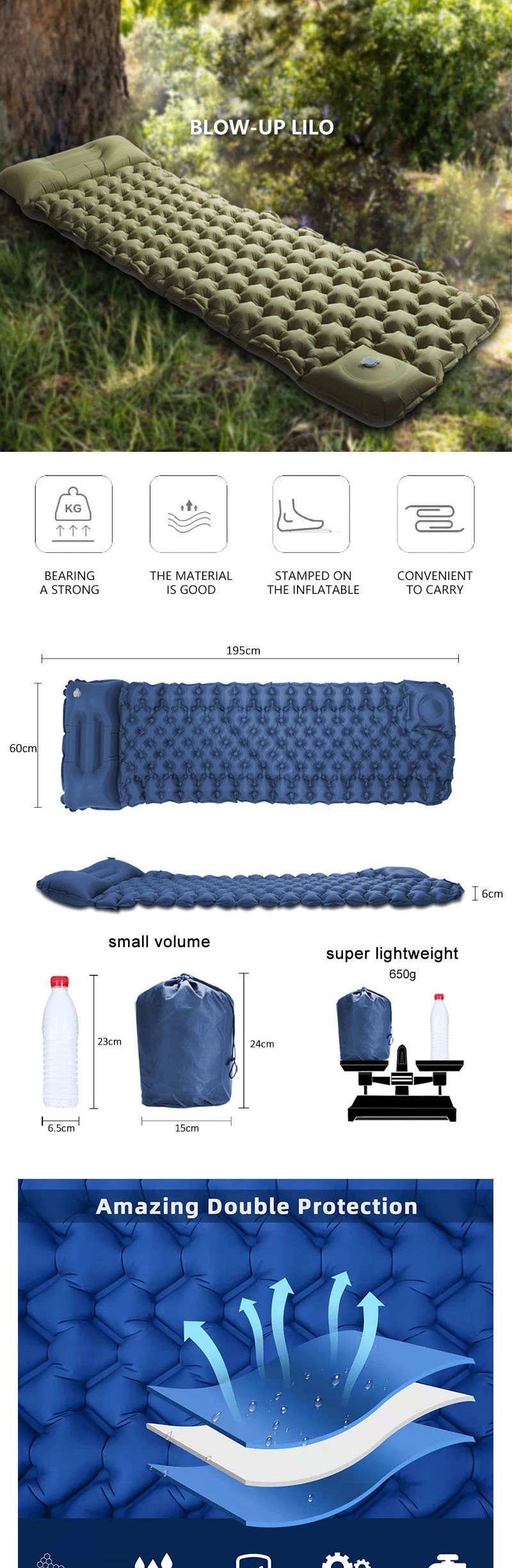 High Quality Lightweight Self Inflatable Folding Air Camping Mat Mattress Pad Camping Sleeping Pad with Attached Pillow