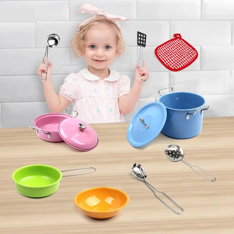 Children Role Pretend Play Kids Toys Intellectual Educational Parent-Child Interaction Colorful Cookware Cooking Toy Stainless Steel Tableware