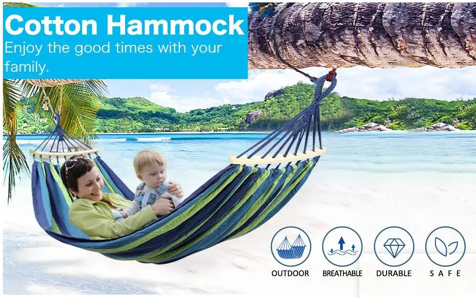 2 Person Cotton Canvas 450lbs Portable Hammock with Carrying Bag