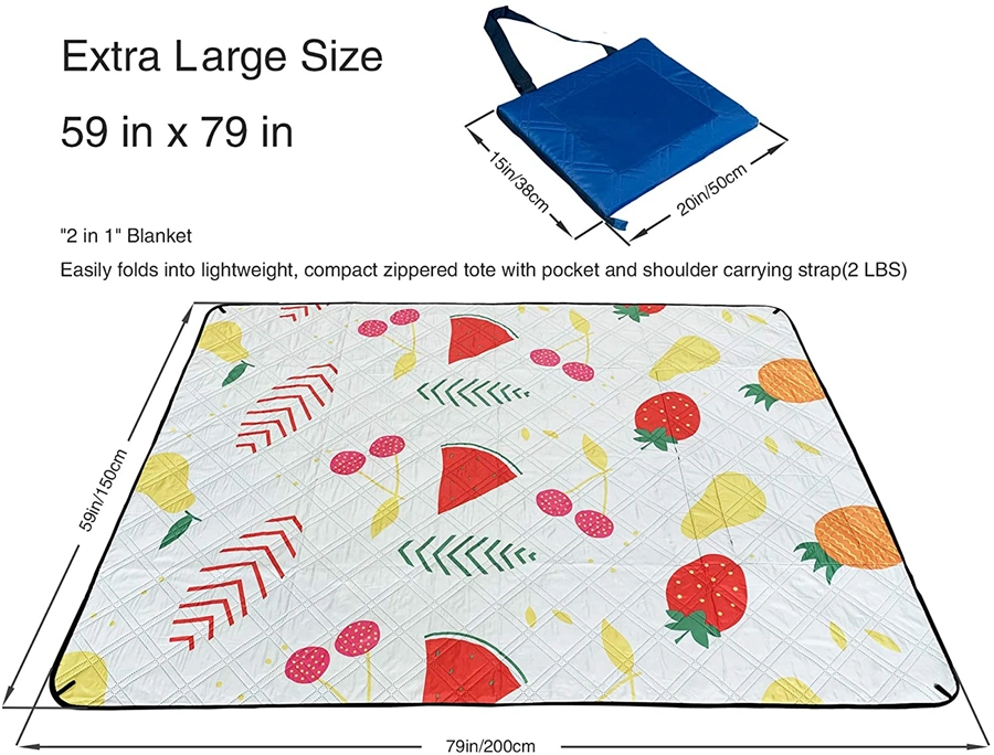 Picnic Blanket Water Resistant Beach Mat Sand Proof Machine Washable Outdoor Blanket Portable Foldable with Cartoon Fruit Pattern
