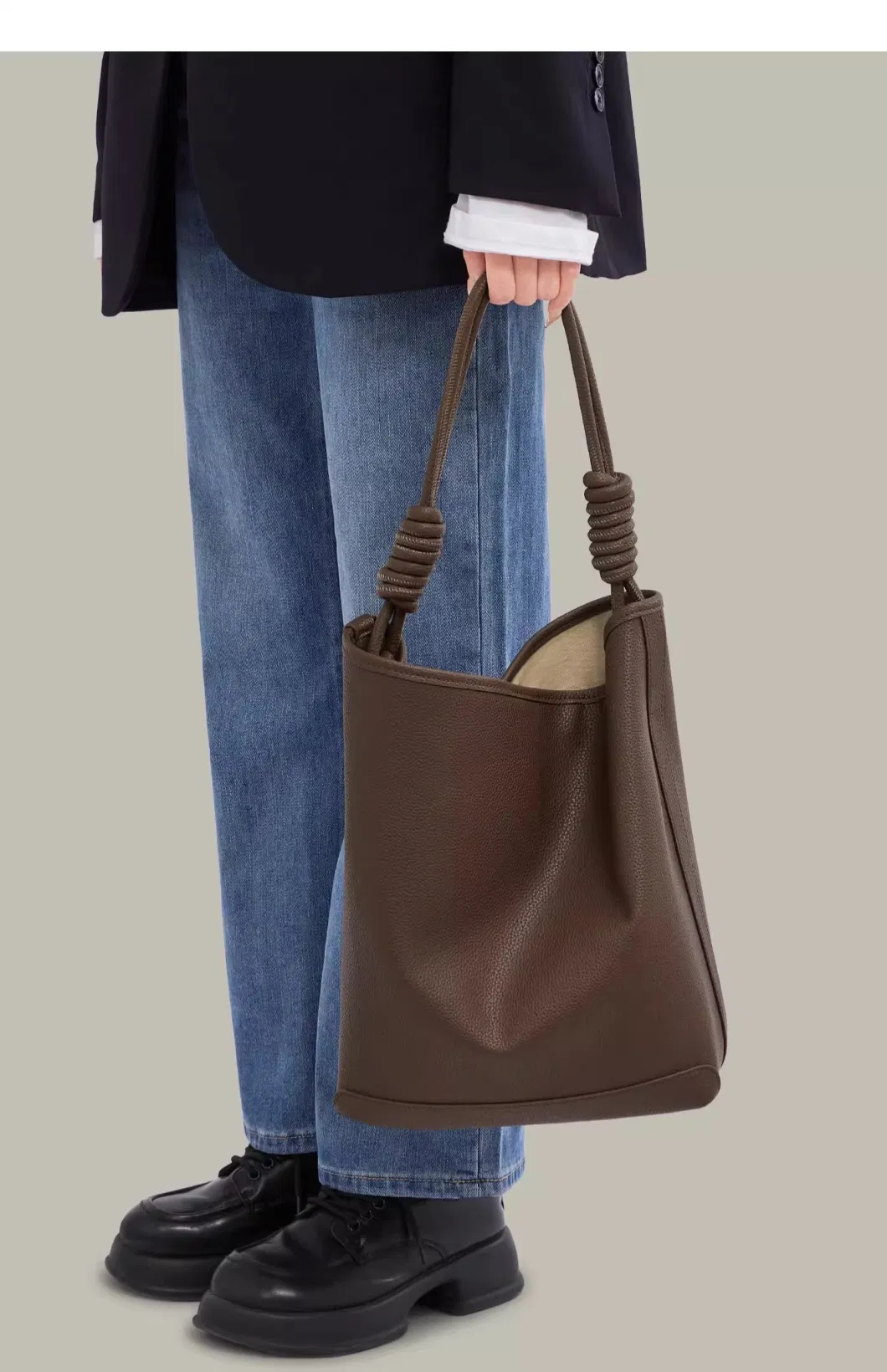 Cowhide Bag Female Twist Rope Bucket Simple Lazy Tote Bag Underarm Bag