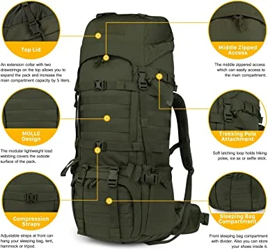65lmolle Hiking Internal Frame Backpacks with Rain Cover for Camping, Backpacking