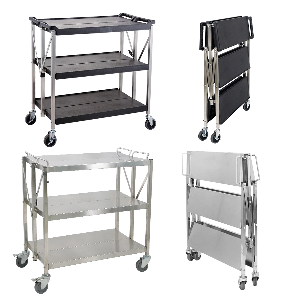 Heavybao Hotel Equipment Kitchen Serving Folding Trolley Stainless Steel Food Carts Restaurant Hotel Hand Push Trolley Cart