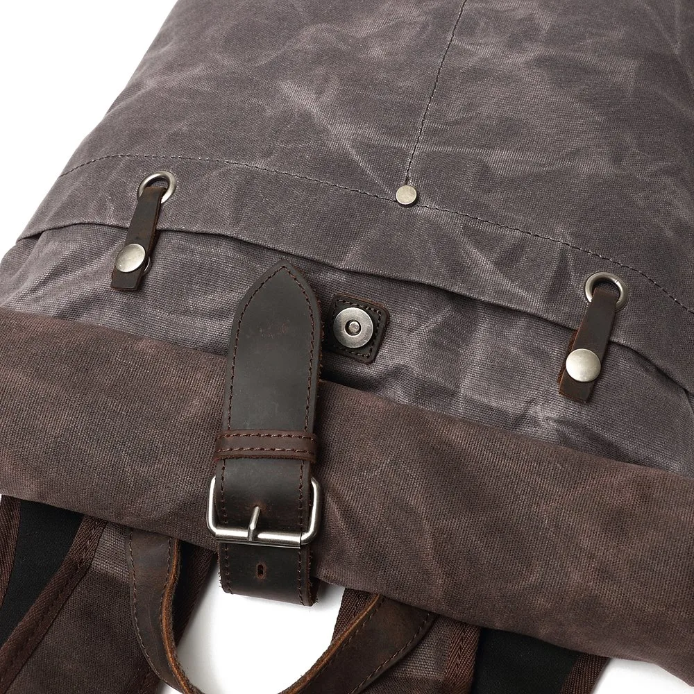 European Style Black Waxed Canvas Backpack Simple Laptop Rolling Rucksack