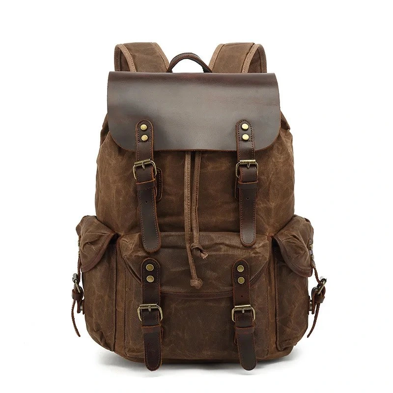 Unisex Rucksack School Genuine Leather Flap Simple Waxed Canvas Travel Outdoor Backpack