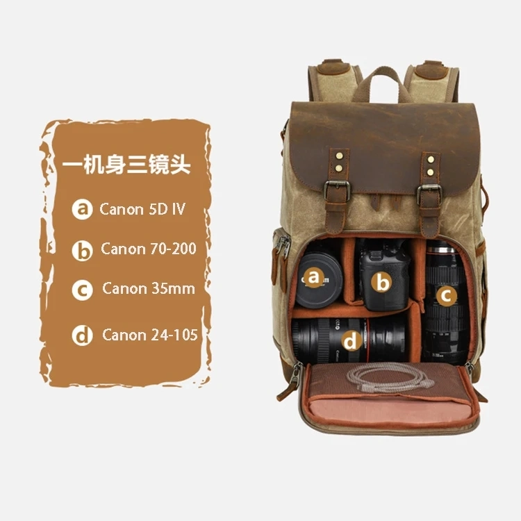 Waterproof Waxed Canvas and Genuine Leather DSLR Camera/Video Bags Camera Backpack