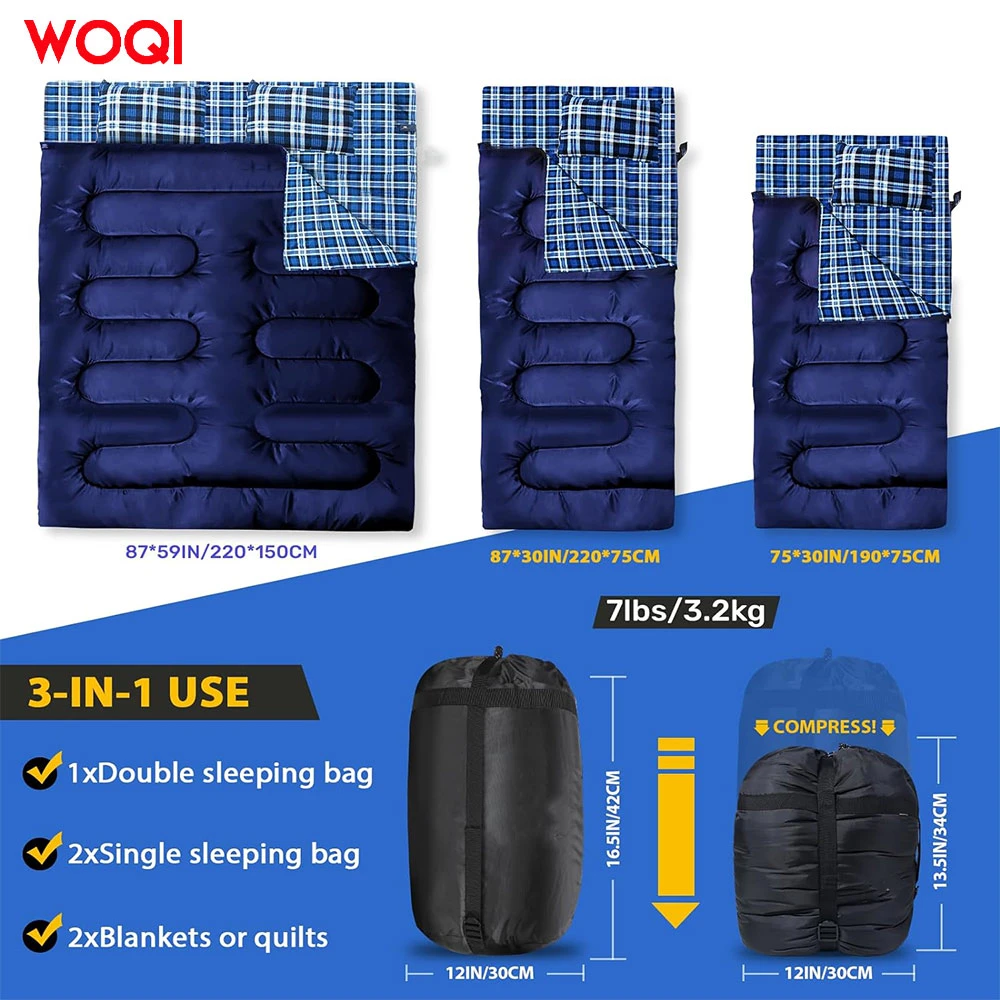 Cold Weather Lightweight Waterproof Plus Two Person Cotton Flannel Camping Backpack Sleeping Bag with 2 Pillows