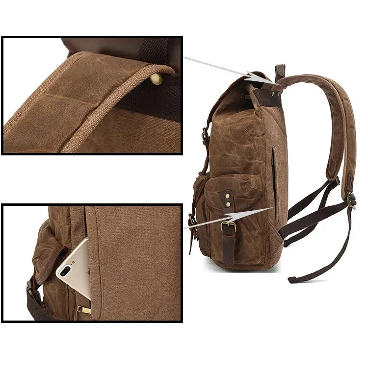 Unisex Rucksack School Genuine Leather Flap Simple Waxed Canvas Travel Outdoor Backpack