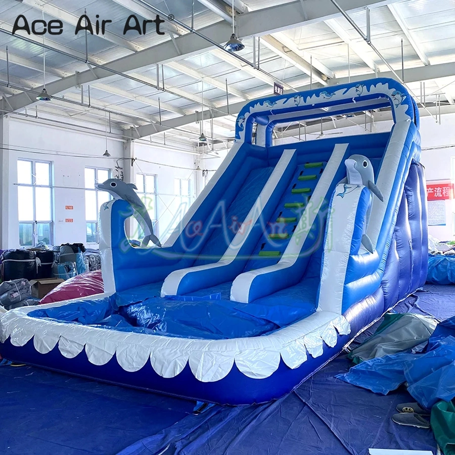 Commercial Giant Inflatable Double Water Slide Dolphin Pool Slide Inflatable Bounce House with Pool for Adult Kids