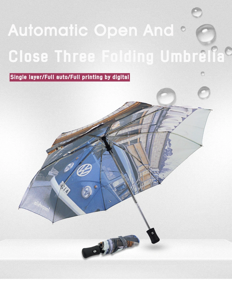 Digital Heat Transfer Volkswagen Car Customized Logo Printing Travel Auto Open and Close Fold Umbrella for Camping