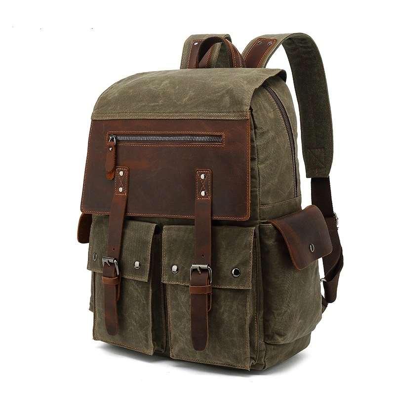 Multi Pockets Waxed Canvas and Genuine Leather Backpack for Men