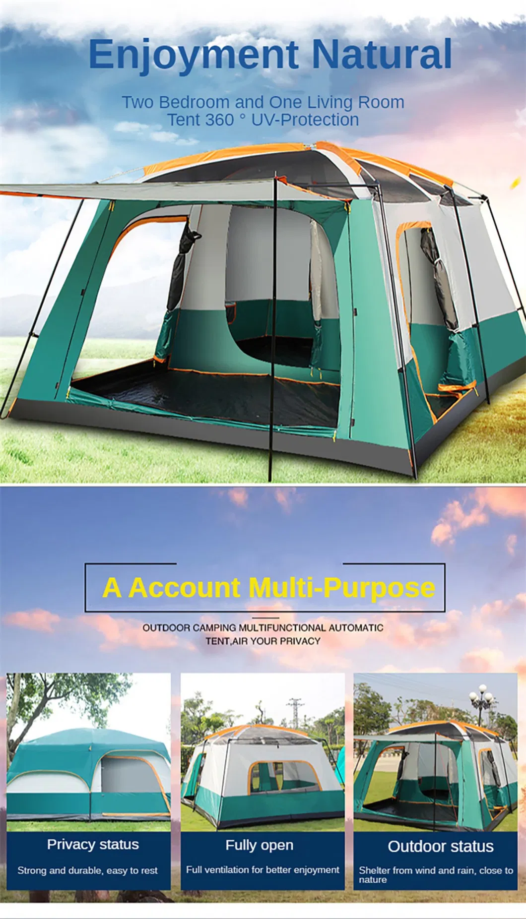 Custom Wholesale Outdoor Camping Tent 6-12 People Luxurious Waterproof Double Layer Camping Big Tent