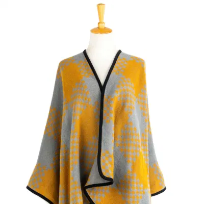 Outfit Fall Winter Grey Reversible Woven Plus Batwing Classic Color Block Binding Cozy Wraps Nova Scottish Plaid Checks Thick Cape Shawl Stola Coat Cloak Poncho