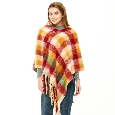 Custom Warm Ladies Checked Poncho Wrap Scarf