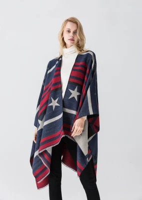 Winter Thick Striped Cape Women&prime;s Star Pattern Poncho Warm Split Shawl