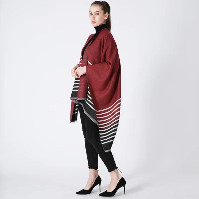 High Quality Winter 130*155cm Striped Womens Open Front Outdoor Warm Shawl Wrap
