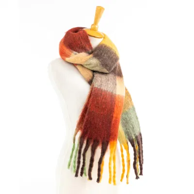 Custom Outerwear Outfit Apparel Accessory Unisex Winter Long Fringe Red Multi Checks Grid Tartan Cashmere Feel Shawl Pashmina Windowpane Blanket Scarf