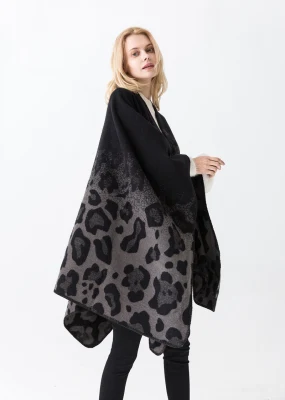 Stylish Polyester Poncho Winter Jacquard Scarf Shawl Leopard Pattern Women Cape