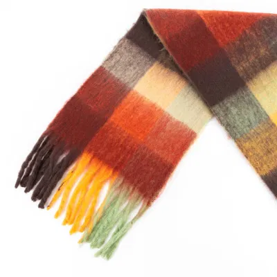 Custom Outerwear Outfit Apparel Accessory Unisex Winter Long Fringe Red Multi Checks Grid Tartan Cashmere Feel Shawl Pashmina Windowpane Blanket Scarf