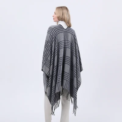 Plaid Jacquard Simple Wrap Checked Shawl Thick Poncho Fringe Tassels Women Cape