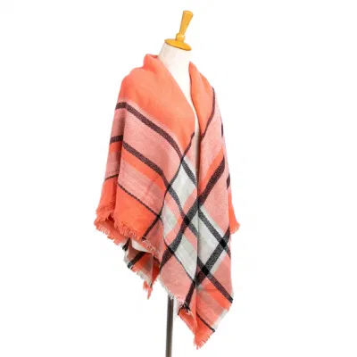 Wholesaler Outerwear Apparel Accessory Women Spring Winter Orange Short Fringe Checks Grid Tartan Warm Pashmina Windowpane Beach Headwear Blanket Scarf Shawl