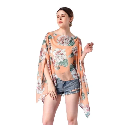 Stylish Floral Print Chiffon Poncho with Buttons for Ladies