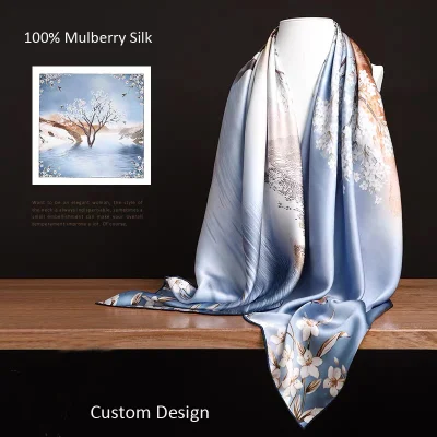  Custom Big Women Digital Printing Satin Pure Silk Scarf 90*90 Cm Hair Square Scarves
