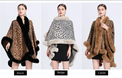 Winter Leopard Print Faux Rabbit Fur Collar Jacquard Women Poncho Shawl Cape
