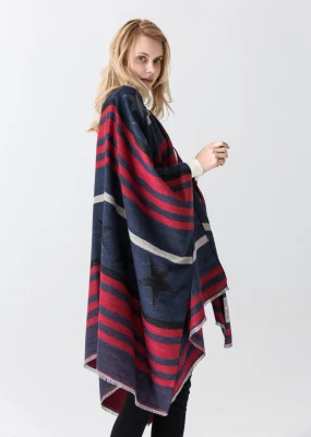 Winter Thick Striped Cape Women&prime;s Star Pattern Poncho Warm Split Shawl