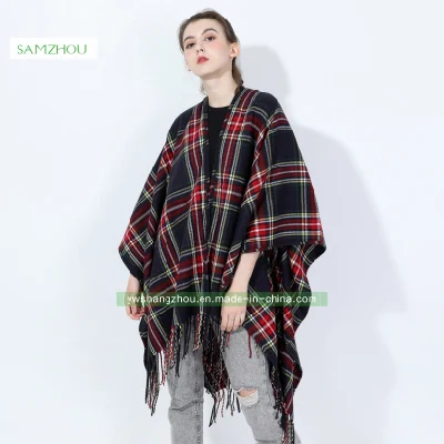 Western Slit Plaid Cape Fashion Scarf Lady Cashmere Shawl Winter