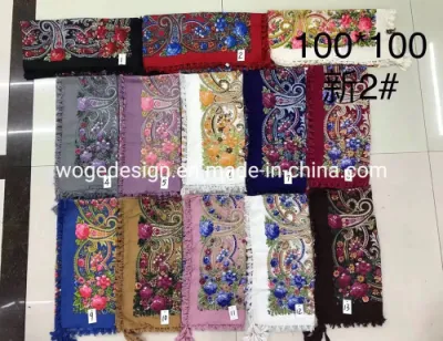 China Manufacturer Winter Tassel 100*100cm Shoulder Shawl Muffler Vintage Woman Square Print Floral Viscose Russian Scarf