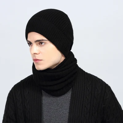 Winter Thick Man Knit Set 100% Wool Beanie Hat and Infinity Scarf