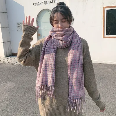 Purple Cashmere-Like Women Checked Winter Fashion Grid Warm Soft Long Scarf