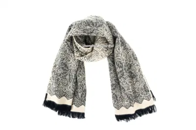 Fashion Accessory Women Winter Pink Grey Acrylic Woven Fringe Lace Jacquard Flower Floral Design Long Scarf