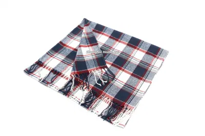 Fashion Accessory Unisex Men Women Winter Red Navy White Mixed Acrylic Brushed Woven Fringe Grid Checks Design Long Scarf