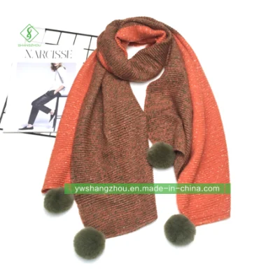 Contrast-Color Cashmere Scarf with Wool Ball Warm Fashion Soft Lady Shawl