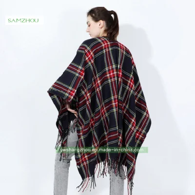 Western Slit Plaid Cape Fashion Scarf Lady Cashmere Shawl Winter