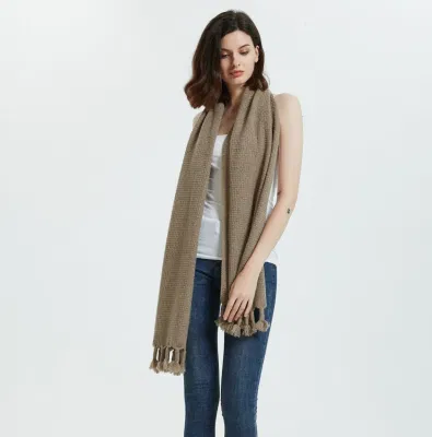 Ladies Fashion Texture Weaving 100% Cashmere Grain Shawl with Tassel