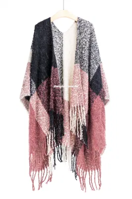 Supplier Outfit Fall Winter Lady Fashion Plus Batwing Sleeve Tassel Cozy Fluffy Chunky Block Sweater Boat V-Neck Oversize Shawl Blanket Poncho Pallium