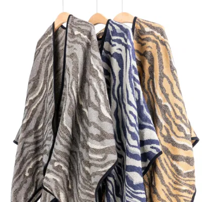Outerwear Spring Autumn Woman Warmth Apparel Accessory Oversize Double Sides Navy Unique Jacquard Knitted Zebra Lined Soft Front Open Art Casual Cape Poncho