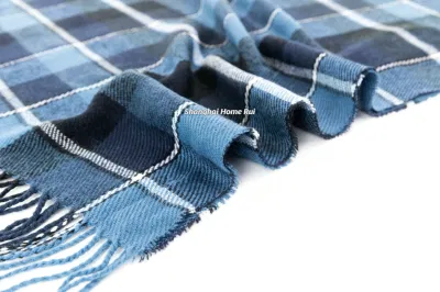 Fashion Accessory Unisex Men Women Winter Blue Navy Mixed Acrylic Brushed Woven Fringe Grid Checks Design Long Scarf