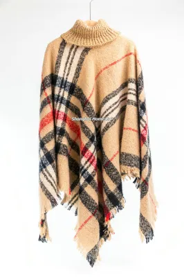 Spring Autumn Woman Lady Warm Fashion Woven Acrylic Boucle Yarn Brushed Brown/Camel Colour Fringe Pullover Wraps Grids Plaid Checks Shawl Turtleneck Poncho