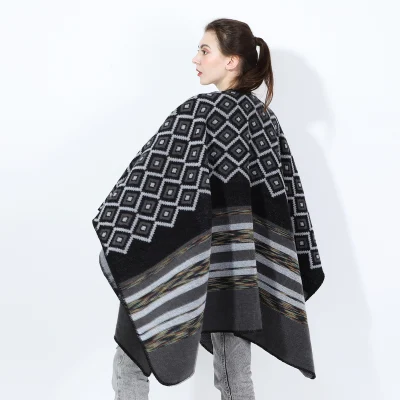 Stylish Thicken Wrap Blanket Winter Geometric Irregular Patterns Striped Split Women Shawl