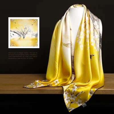 Custom Big Women Digital Printing Satin Pure Silk Scarf 90*90 Cm Hair Square Scarves