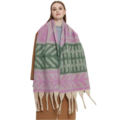 Wholesale Custom Winter Thermal Knitted Wool Scarf Women Grid Cashmere Thick Shawl Scarf