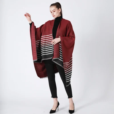 Classic Striped Wrap Poncho Soft Warm Scarf Cape Women Split Shawl