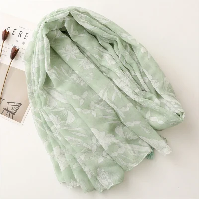 Plain Elegant Simple Style Cotton and Linen Feel Ladies Light Green Flowers Handmade Fringed Gauze Lady Scarf